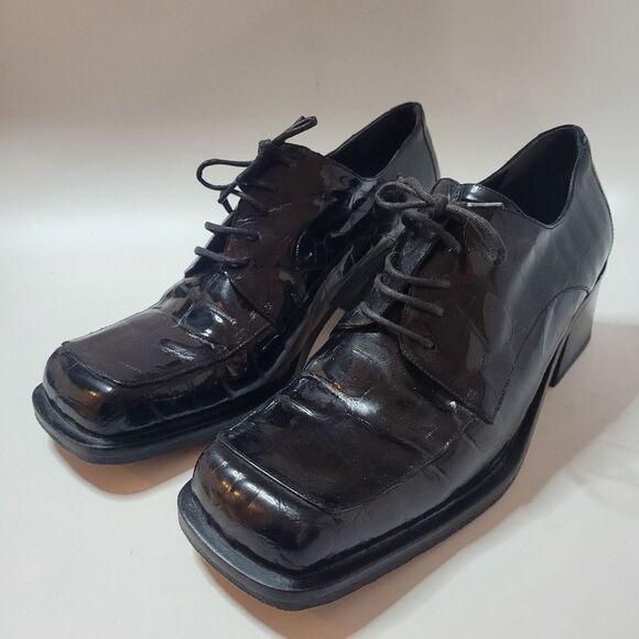 Italian Luc Matisse Patent Leather Croc Square Toe Lace Up Oxfords - Picture 9 of 13